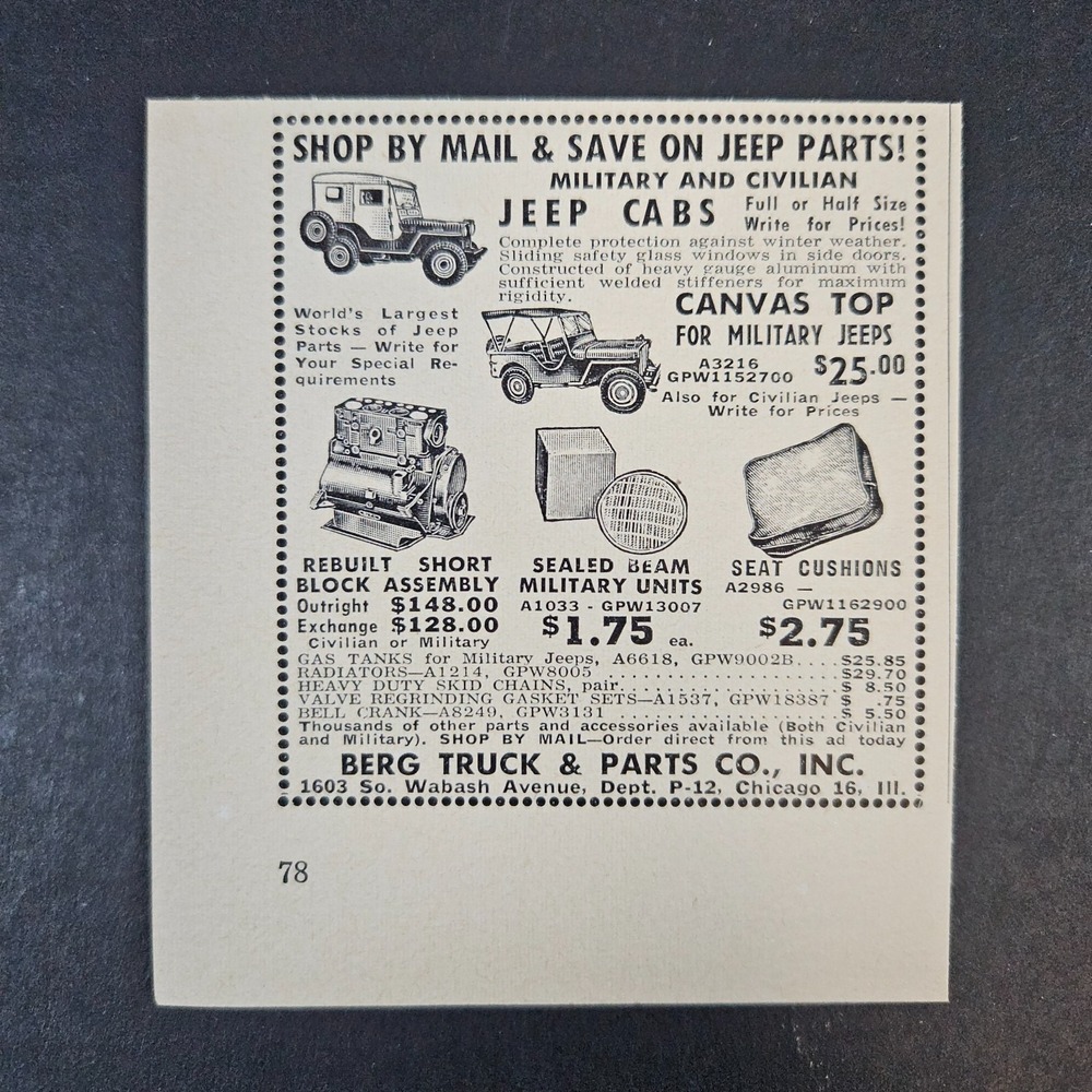 1952 Berg Truck &‎ Parts Co Vintage Print Ad Jeep Military Civilian Chicago IL